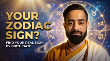 Alt Text: Young Indian Vedic astrologer with zodiac wheel explaining zodiac signs according to birth date and how to find your real zodiac sign by birthday
