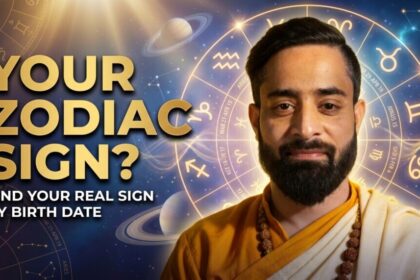 Alt Text: Young Indian Vedic astrologer with zodiac wheel explaining zodiac signs according to birth date and how to find your real zodiac sign by birthday