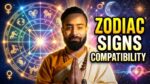 Young Indian Vedic astrologer with zodiac wheel explaining zodiac signs compatibility, love matches, relationship astrology, and zodiac compatibility chart