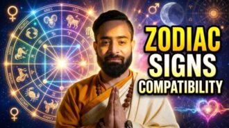 Young Indian Vedic astrologer with zodiac wheel explaining zodiac signs compatibility, love matches, relationship astrology, and zodiac compatibility chart