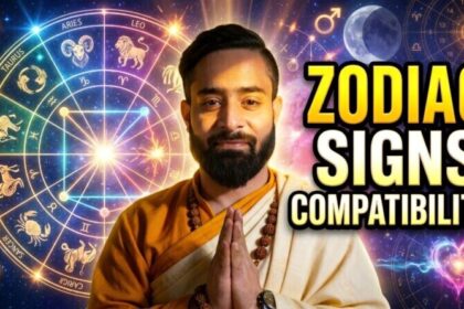 Young Indian Vedic astrologer with zodiac wheel explaining zodiac signs compatibility, love matches, relationship astrology, and zodiac compatibility chart