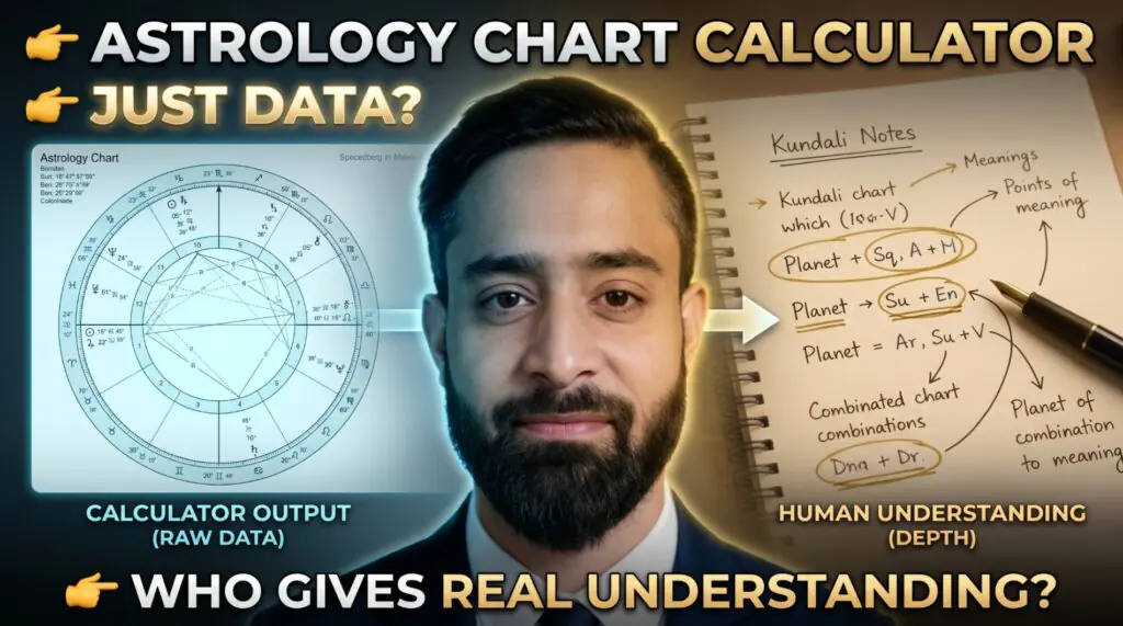Astrology chart calculator vs human interpretation showing raw birth chart data and kundali analysis for deeper astrology understanding