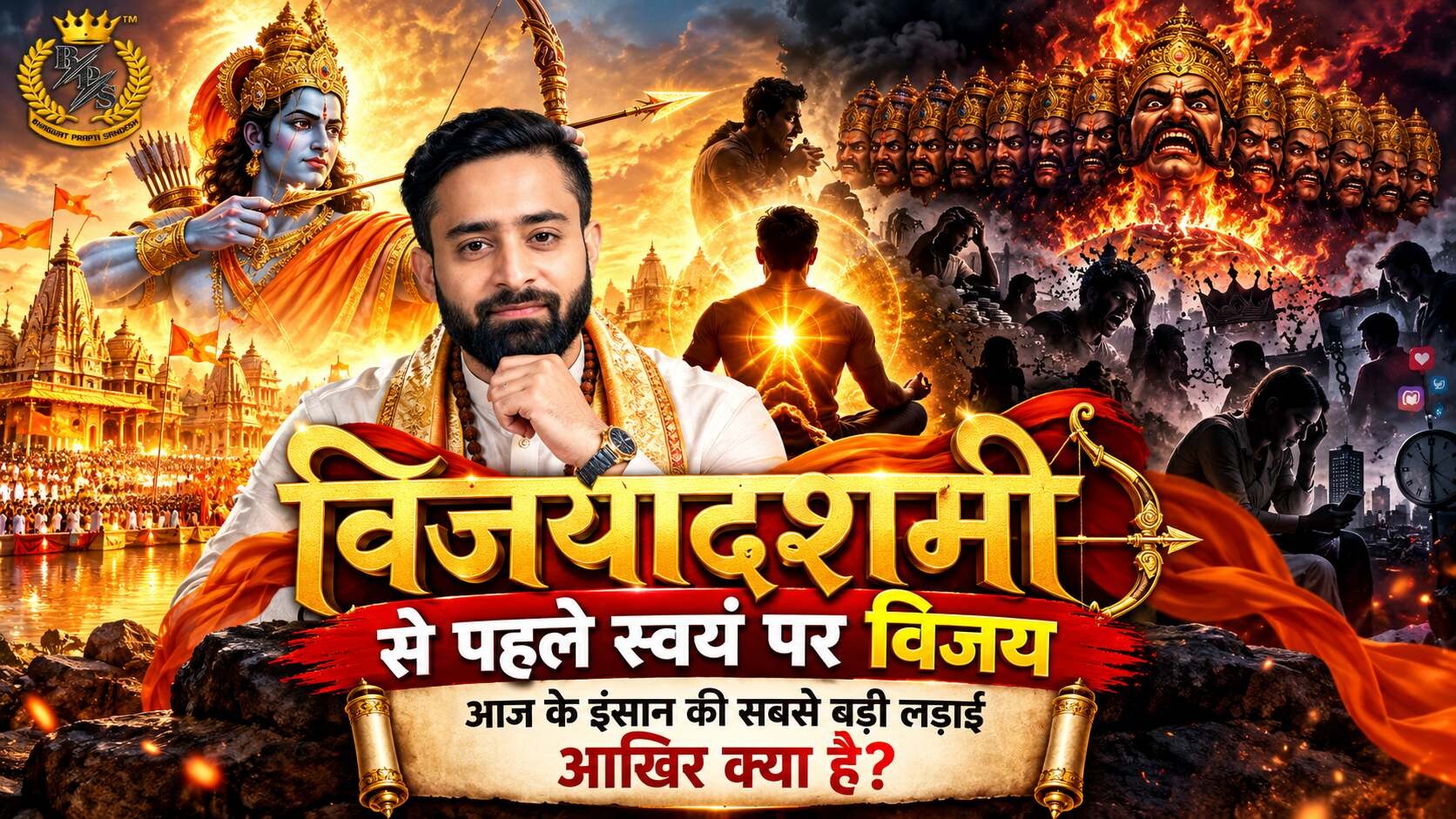 विजयादशमी से पहले स्वयं पर विजय: आज के इंसान की सबसे बड़ी लड़ाई आखिर क्या है? — श्रीराम, रावण और आत्मविजय के संदेश को दर्शाता आध्यात्मिक दृश्य।