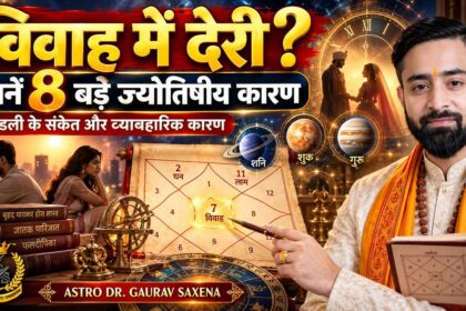 विवाह में देरी के ज्योतिषीय कारण बताते Astro Dr. Gaurav Saxena, कुंडली के सातवें भाव, शनि, शुक्र, गुरु और विवाह योग पर आधारित हिंदी ज्योतिषीय थंबनेल।