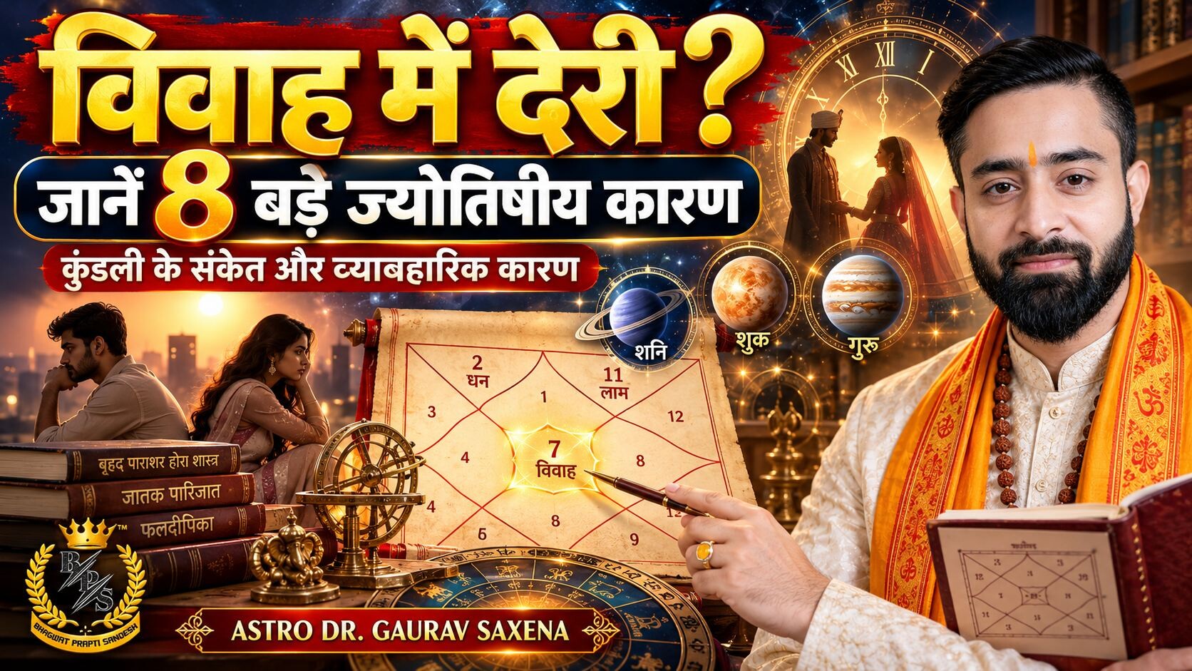 विवाह में देरी के ज्योतिषीय कारण बताते Astro Dr. Gaurav Saxena, कुंडली के सातवें भाव, शनि, शुक्र, गुरु और विवाह योग पर आधारित हिंदी ज्योतिषीय थंबनेल।